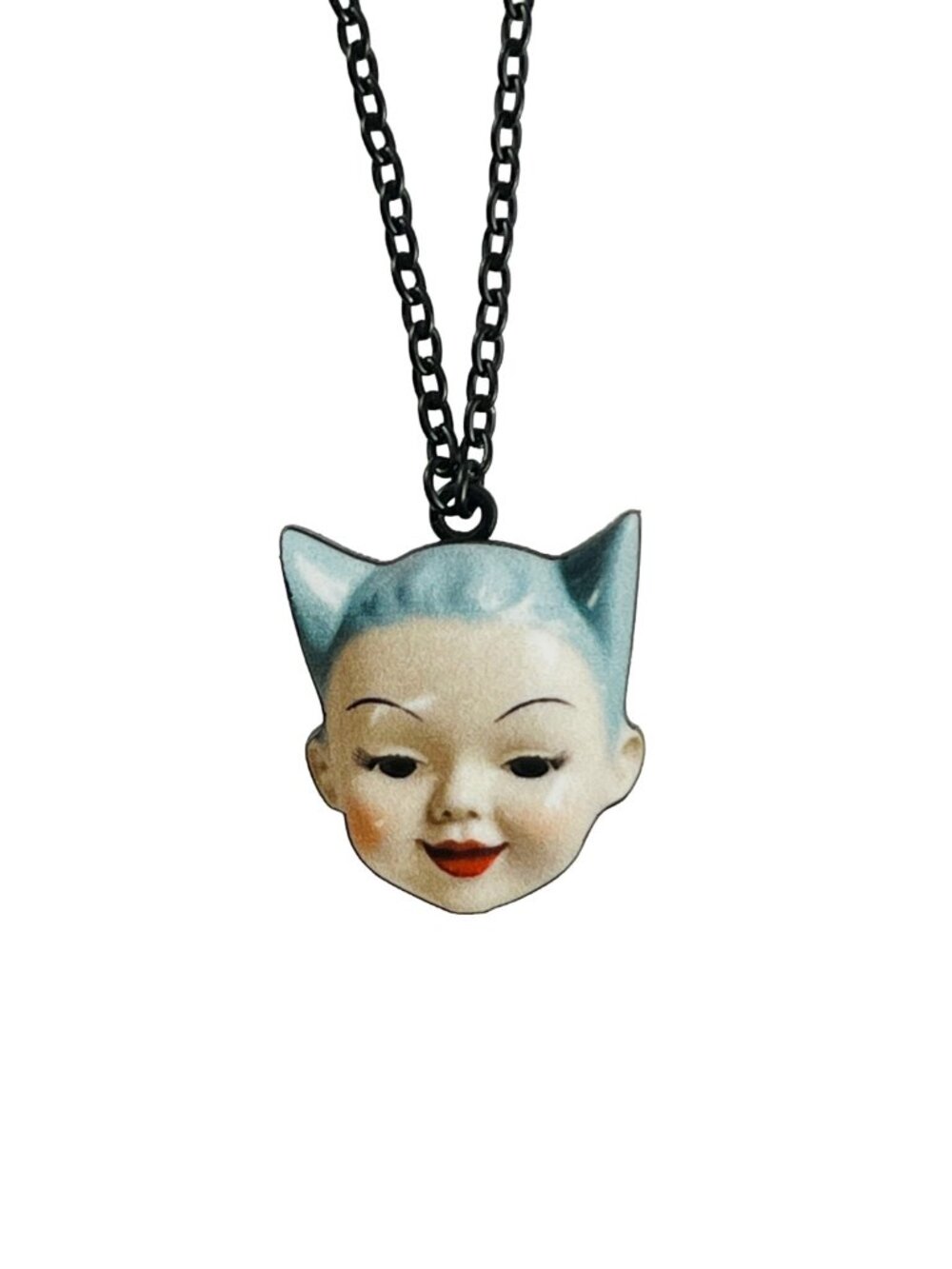 Vintage Style Kitsch Doll Face Blue Cat Ears Necklace – Black Chain